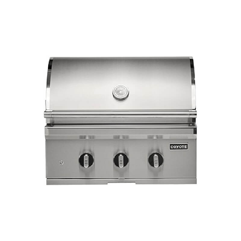 Coyote 28-Inch 3-Burner Built-In Natural Gas Grill with Stainless Steel Hood, Temperature Gauge, and Heavy-Duty Control Knobs.