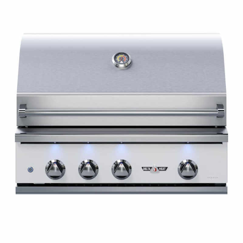 Delta Heat 32-Inch 4-Burner Built-In Natural Gas Grill with Stainless Steel Hood, LED Control Knob Lights, and Integrated Temperature Gauge.