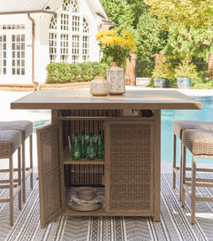 Walton Bridge - Driftwood - 5 Pc. - Square Dining Table W/Fire Pit, 4 Barstools