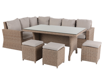 6 Piece Outdoor Sectional Dining Set with Wicker Sofa, Table & Cushioned Stools