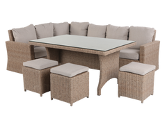 6 Piece Outdoor Sectional Dining Set with Wicker Sofa, Table & Cushioned Stools