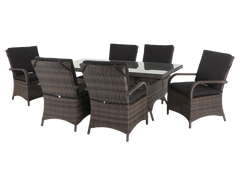 7-Piece Brown Wicker Outdoor Dining Set with Glass Table Top and Cushioned Armchairs