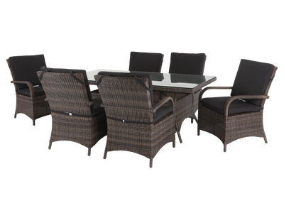 7-Piece Brown Wicker Outdoor Dining Set with Glass Table Top and Cushioned Armchairs