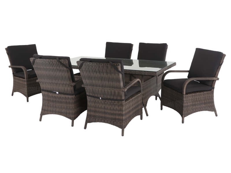 7-Piece Brown Wicker Outdoor Dining Set with Glass Table Top and Cushioned Armchairs