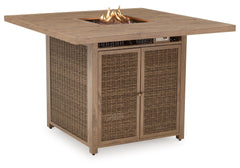 Walton Bridge - Driftwood - 5 Pc. - Square Dining Table W/Fire Pit, 4 Barstools