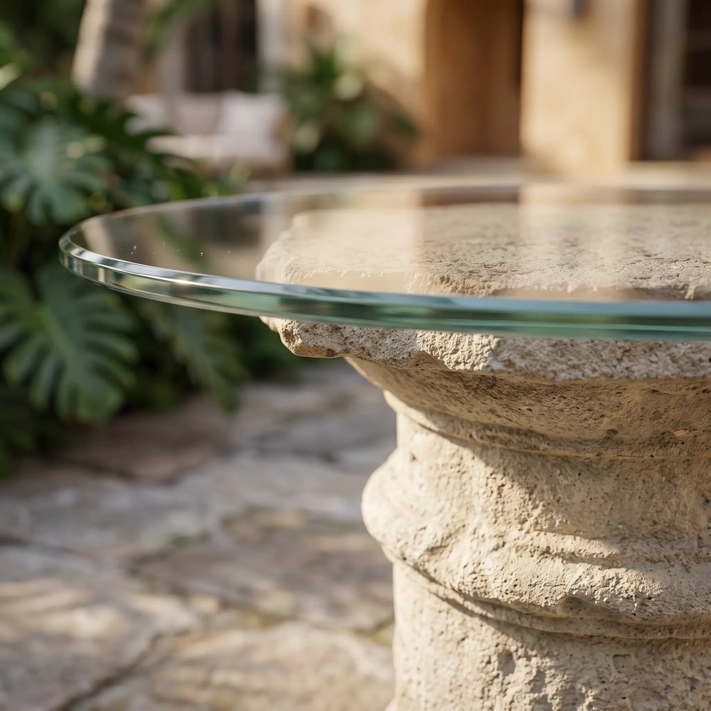 Etruscan Dining Table with Limestone and Glass