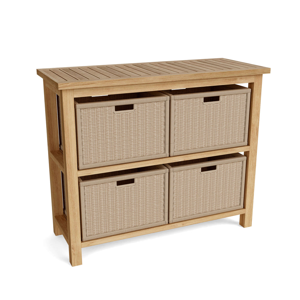 Wicker baskets shown in the Spa Towel Console